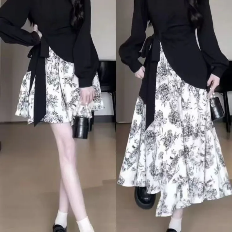 

New Autumn Collection Chinese Style Watercolor Floral Patchwork Long Sleeve Dress Slim Fit Design Waist Cinching Maxi Dress