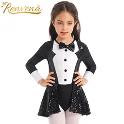 Kids Girls Cosplay Circus Ringmaster Dress Up Costume Sequins Jazz Dance Wear Children Bow Tie Tuxedo Ballet Dance Leotard Dress