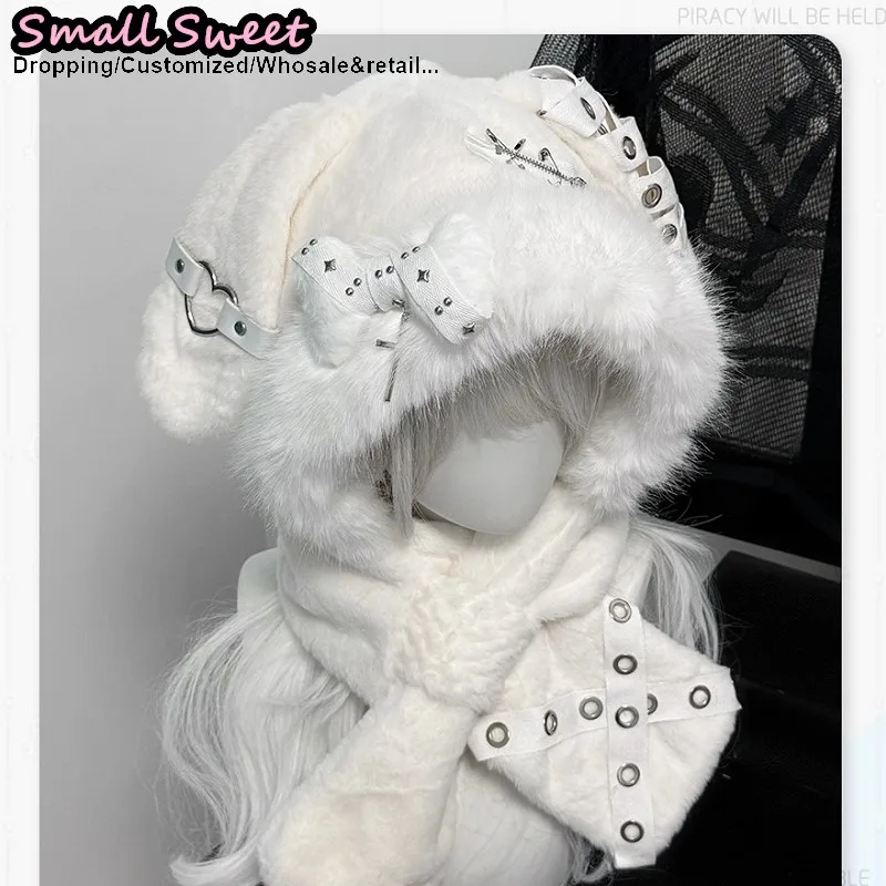 

Женская японская шапка в стиле Харадзюку Y2K для девочек, готическая шапка с кроличьими ушками, зимняя теплая вязаная пушистая костяная шапка сохраняет тепло, шапка-бини