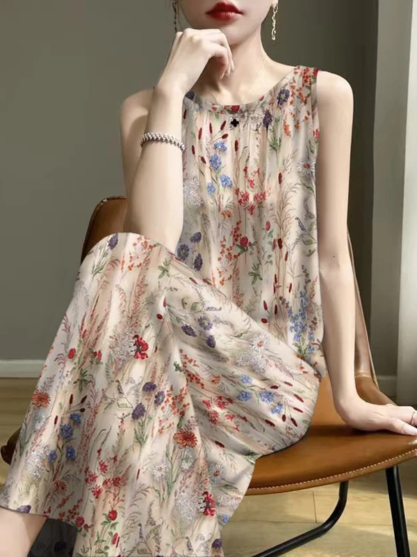 Elegant Mommy Style Retro Print Vest Dress Meat Concealing Women's Dress Underwear Base Layer Outerwear Skirt Summer Long Dress