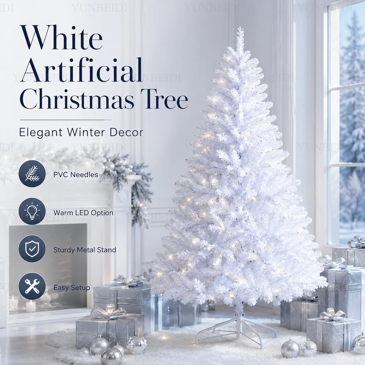 Weißer künstlicher Weihnachtsbaum aus PVC mit LED-Lichtern, großer Weihnachtsbaum von 120 cm bis 210 cm, Dekoration für die Familien-Weihnachtsfeier