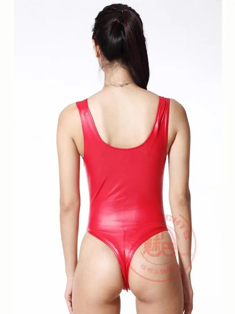 Ärmelloser Catsuit aus Kunstlatex, elastischer PU-Leder-Tank-Badeanzug, Reißverschluss, offener Schritt, Bodysuit, Strumpfhosen, heiße sexy Clubwear-Körper-Teddies