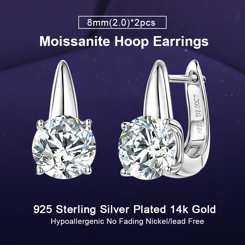 

Женские серьги-клипсы IOGOU Moissanite Solitaire U-образной формы, цвет D, серьги с бриллиантами 2,0 карата, сверкающие ювелирные изделия из стерлингового серебра 925 пробы