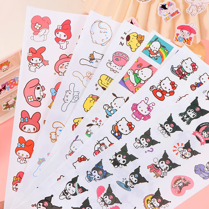 Sanrio 4Sheets 100pcs Cartoon Sticker Pochacco Kuromi Melody Kitty Kawaii Stickers Student Stationery Supplies Birthday Gifts