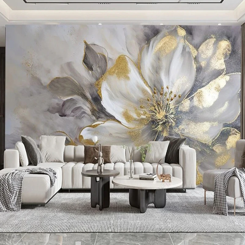 Custom 3D Wall Mural Modern Light Luxury Gold Leaf Flowers Wallpaper Living Room TV Sofa Bedroom Home Decor 3D Wall Stickers