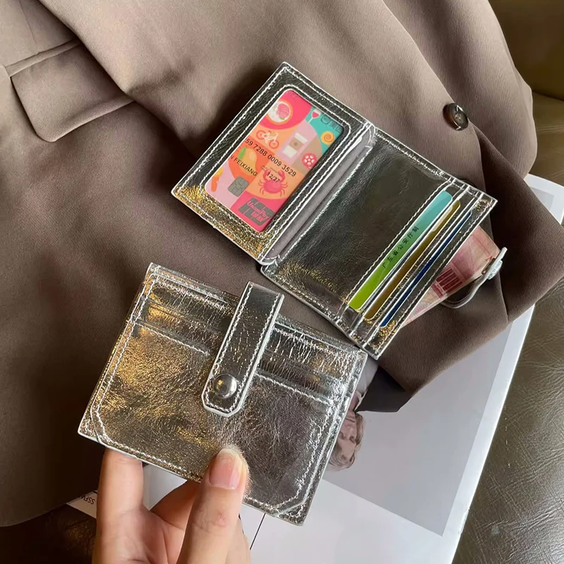 

Credit ID Card Clip Handbag Clutch Bag Genuine Leather Short Wallet Korean Fashion Silver Cowhide Small Coin Purses Card Holder