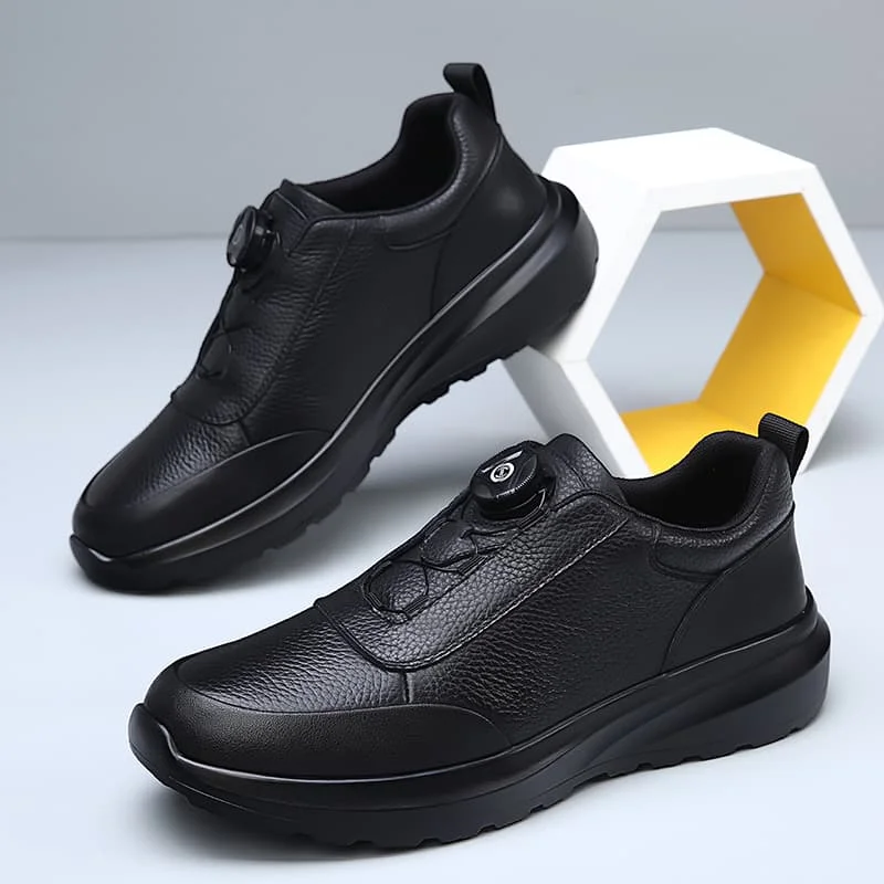 Men's Sporty Casual Shoes with Automatic Buckles Comfortable Commuter Shoes Layered Cowhide Heightening Inner Design