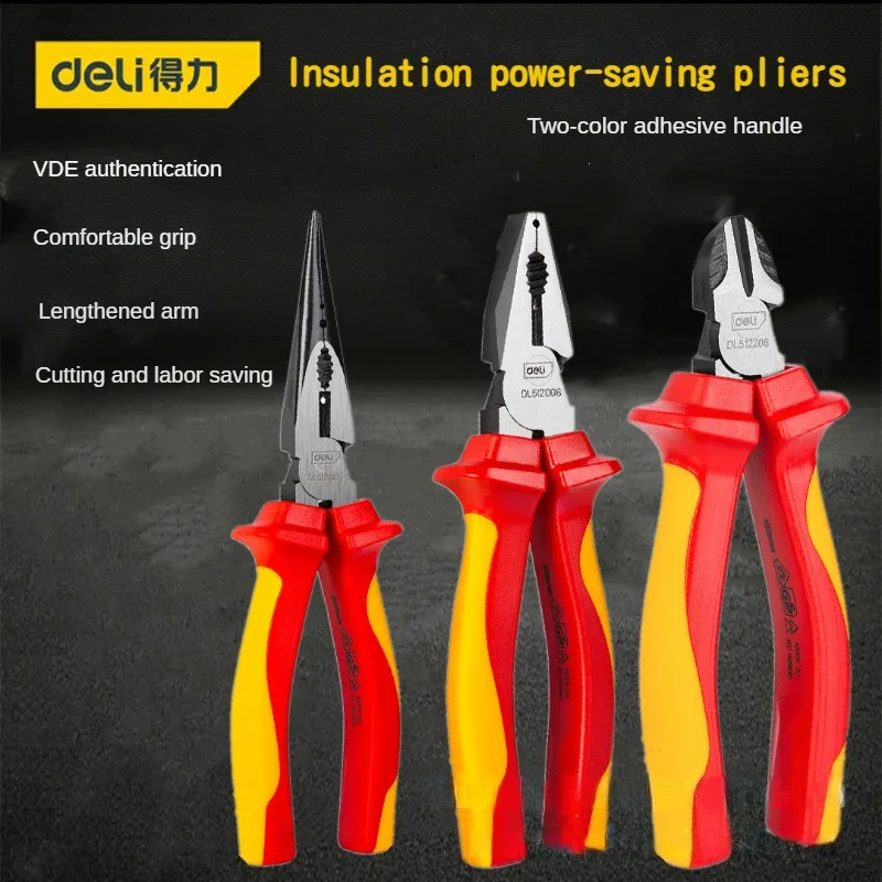 Deli 6/8 Inch VDE Insulated Needle Nose Pliers Multifunctional Electrician Repair Hand Tools Insulated Labour-saving Wire Cutter