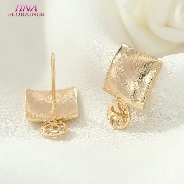 16MM*11MM 14K Gold Color Brass Striped Rhombus Inward Arc Surface Stud Earrings Pins High Quality Jewelry Accessories