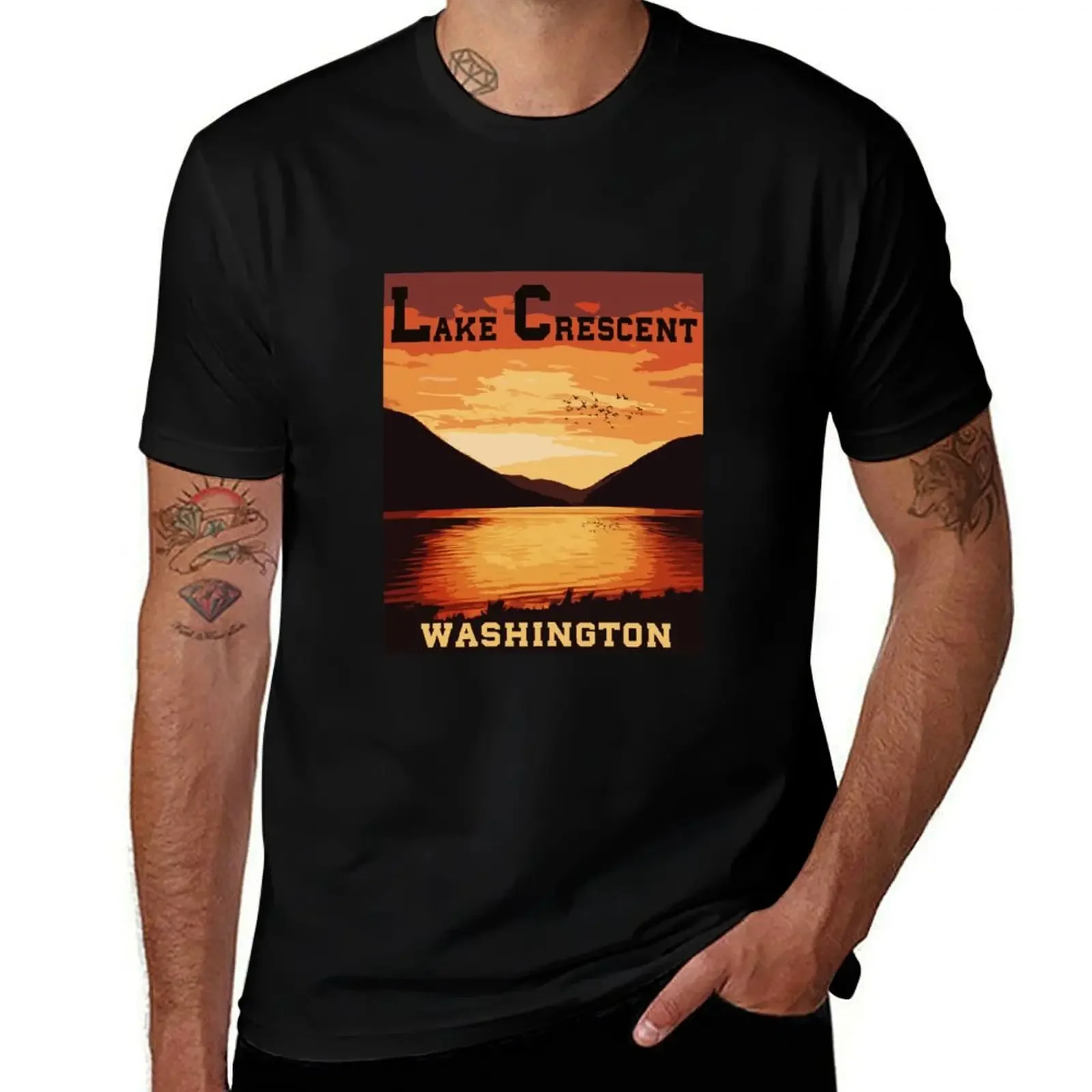 Lake Crescent - Landscapes of America T-Shirt cotton man t-shirts vintage clothes Aesthetic clothing sweat Men's cotton t-shirt