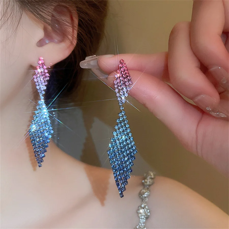 FYUAN Shiny Colorful Crystal Earrings Women Long Tassel Pink Green Red Rhinestone Dangle Earrings Ladies Bride Weddings Jewelry