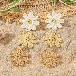 Simple Fashion Hand Woven Long Flowers Earrings Raffia Stereo Color Floral Holiday Earrings for Women Ladies Jewelry Gift