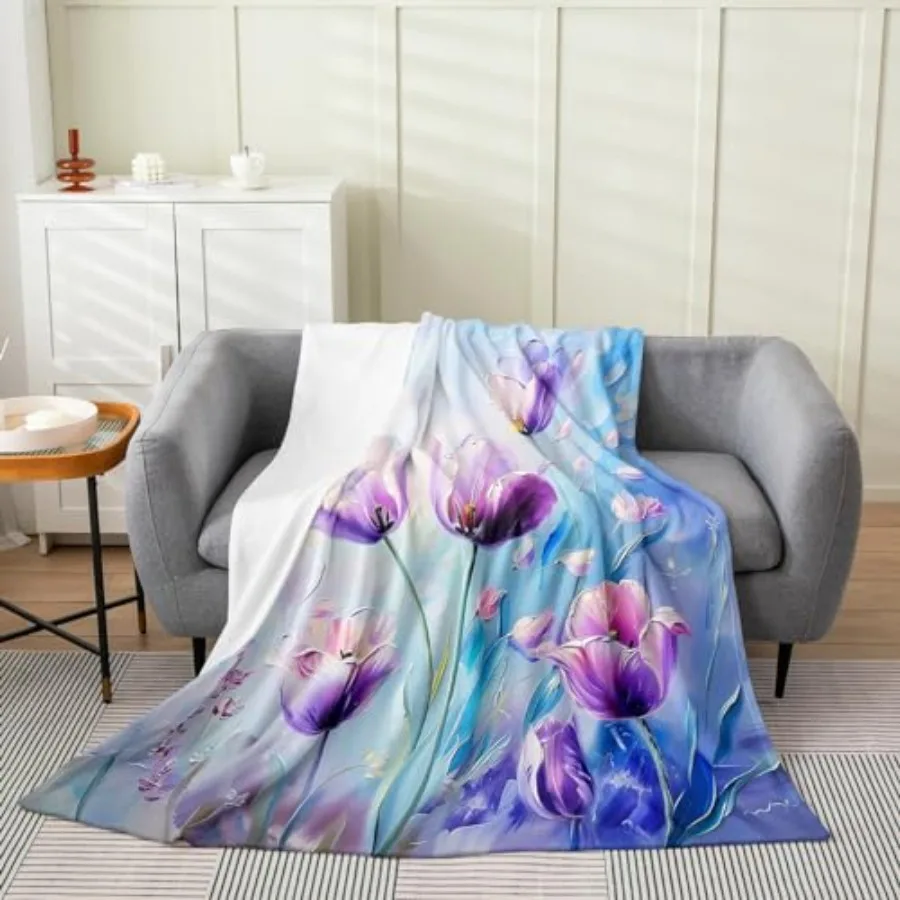 

Purple Pink Flower Throw Blanket Queen Size Wild Butterfly Fleece Blanket Room Decor Luxury Pastel Floral Blanket for Sofa Couc