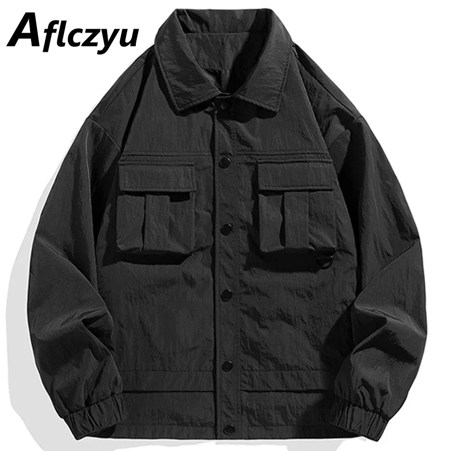 Spring Autumn Stand Collar Jacket Men Fashion Casual Solid Color Coat Male Cargo Jackets Outerwear Black Green