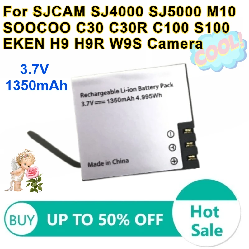 

2 pcs 3.7V 1350mAh/4.995W Li-ion Battery for SJCAM SJ4000 SJ5000 M10 SOOCOO C30 C30R C100 S100 EKEN H9 H9R W9S Camera Batteries