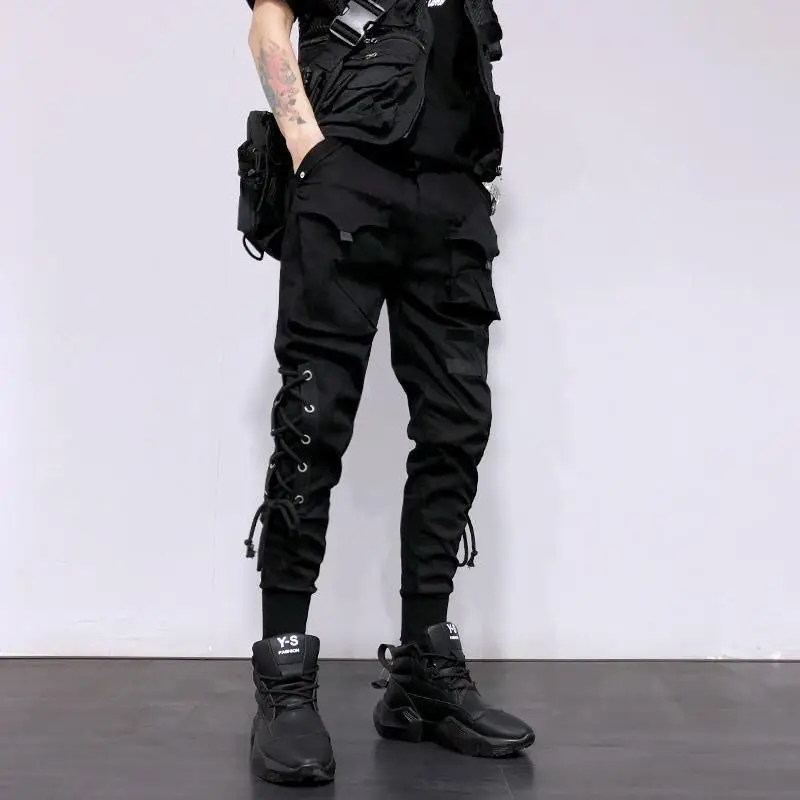 Trendy dark Harlem motorcycle pants new style with binding rope personalized street casual fashion slim-fitting pants for riders