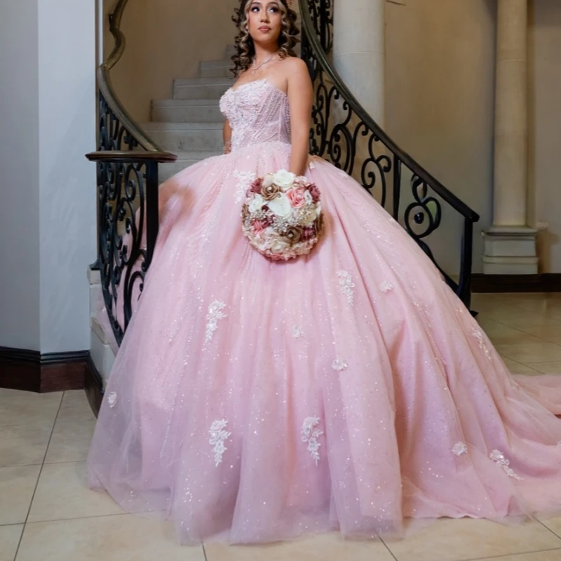 

Pink Shiny Quinceanera Dresses Ball Gown Off The Shoulder Applique Lace Beading Tull Party Birthday Sweet 16 Dress Vestidos 15