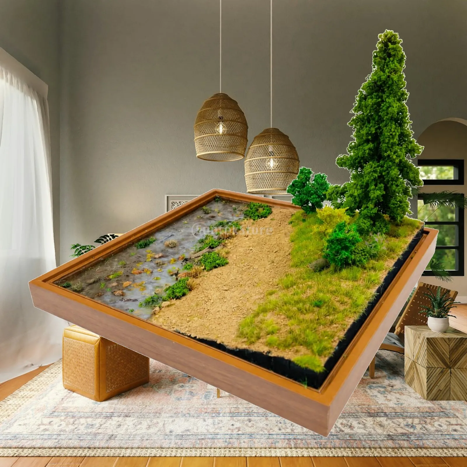Square Base River Landscape Display Resin Stream Wilderness Diorama with Simulated Water Surface Trees for Display Cabinet Shelf