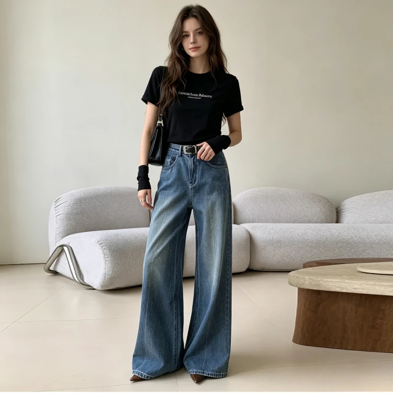 

Wide Leg Jeans Women Denims Straight Pants 2026 Streetwear High Waist Pockets Washed Distressed Vintage Trousers Floor Length