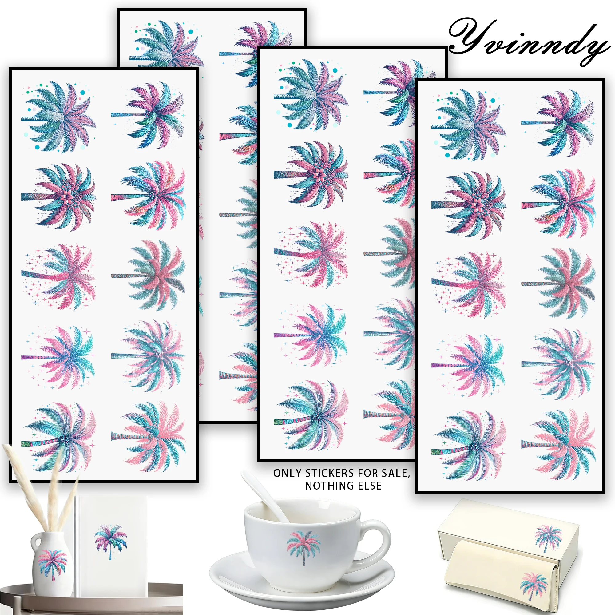 40Pcs/Set Summer Palm Trees UV DTF Transfer Sticker DIY Craft Kits With Crystal Label 16oz Glass Jars Wrap Stickers On Mug