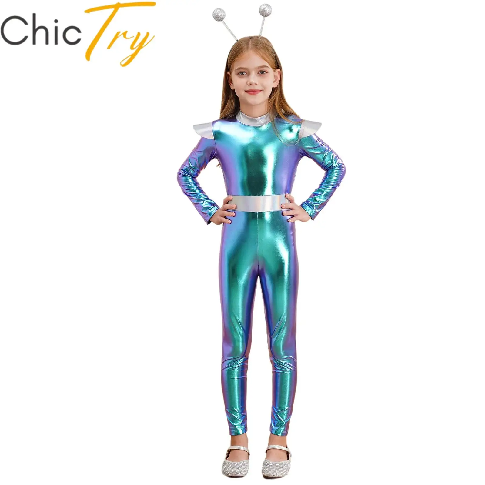 

Kids Alien Cosplay Costume Long Sleeve Metallic Bodysuit Outer Space Role Play Jumpsuit Astronaut Dress Up Halloween Performance