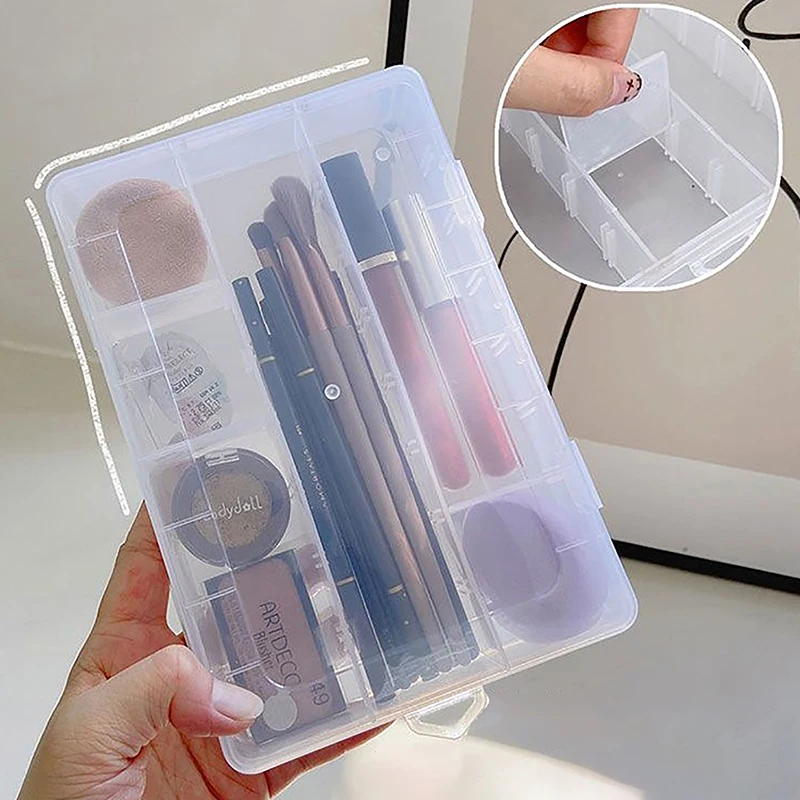 Caja de almacenamiento de cosméticos portátil para lápiz labial, sombra de ojos, pincel de maquillaje, ranura para múltiples tarjetas, organizador transparente con cubierta a prueba de polvo