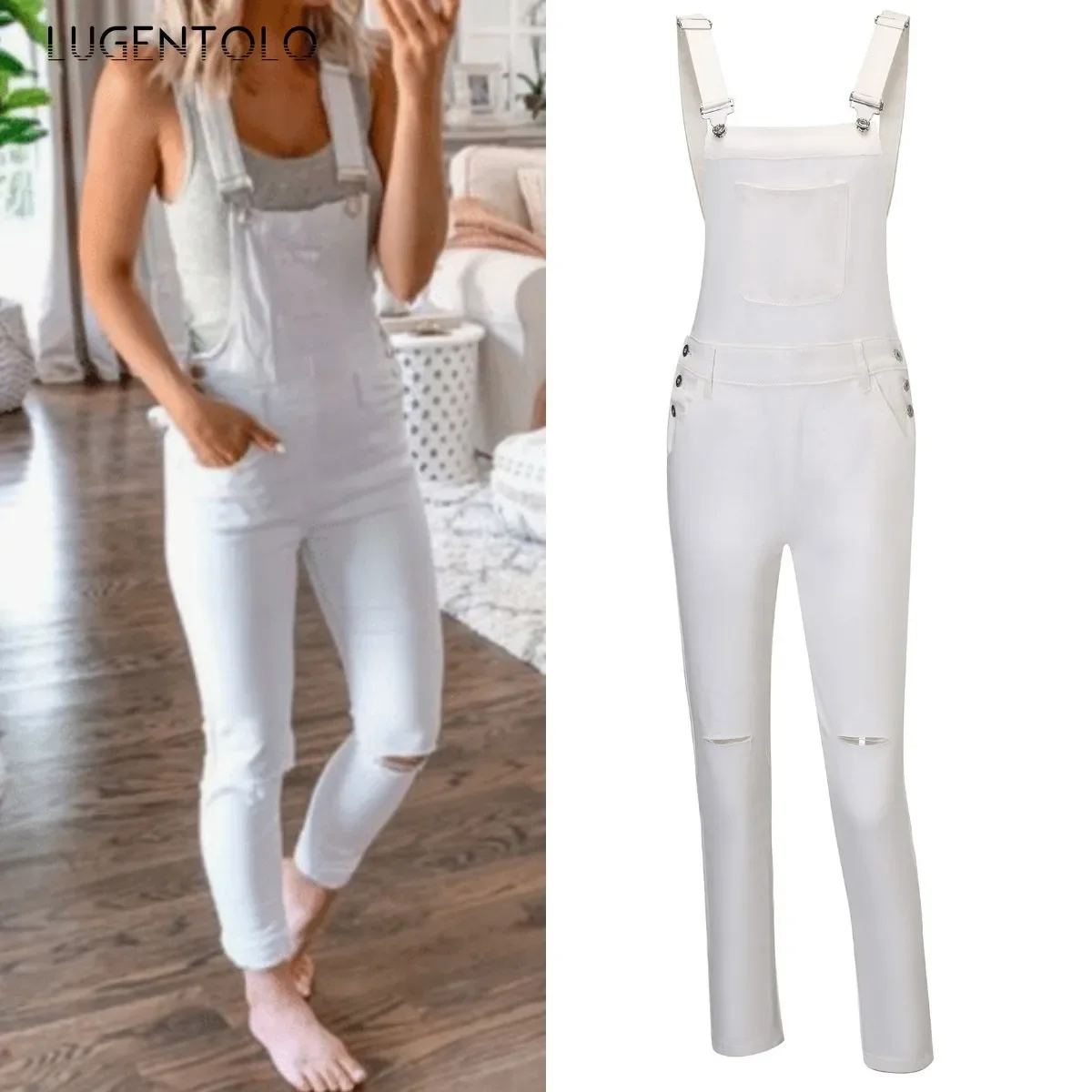 

Lugentolo Women Casual Overalls Jumpsuits Sport Solid New Fashion Hole Suspenders Lady Street Summer Straight Leg Long Jumpsuit