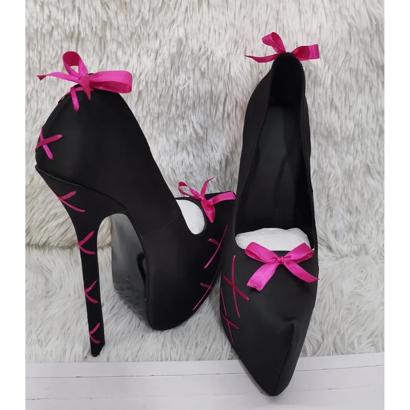 

Black Bow Knot Lace Up Pumps Thin High Heel Pointed Toe Fashion Sexy Cool 2024 Summer Big Size Woman Shoes Zapatillas Mujer