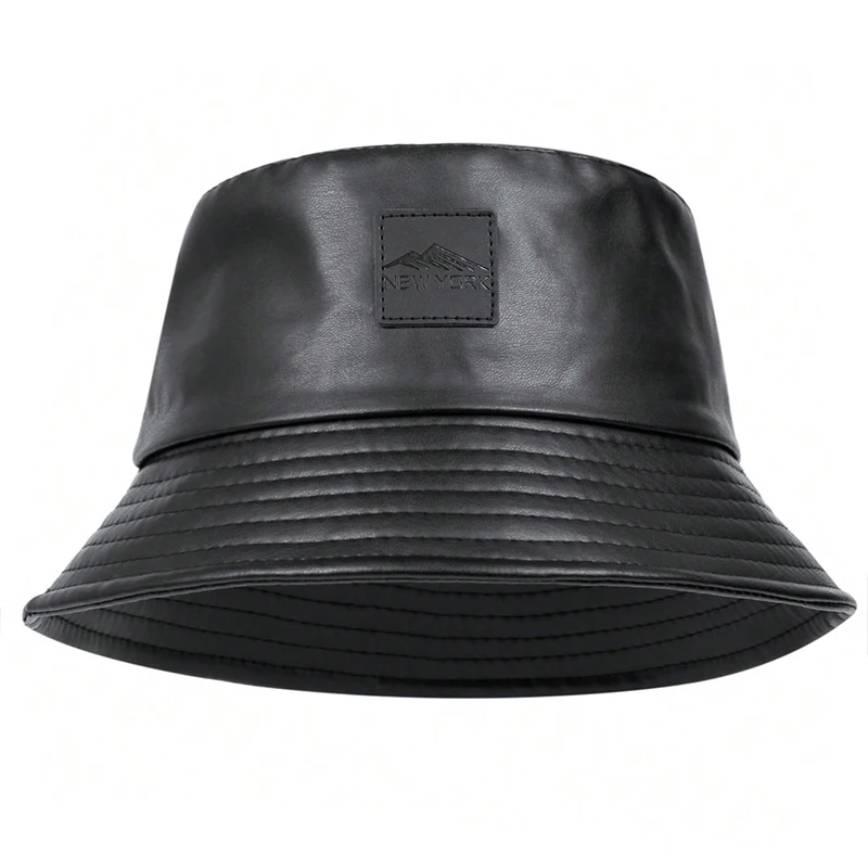 Unisex PU Leather Label Mountain Stamp Range Bucket Hats Fishermen Caps Outdoor Casual Cap Sunscreen Hat