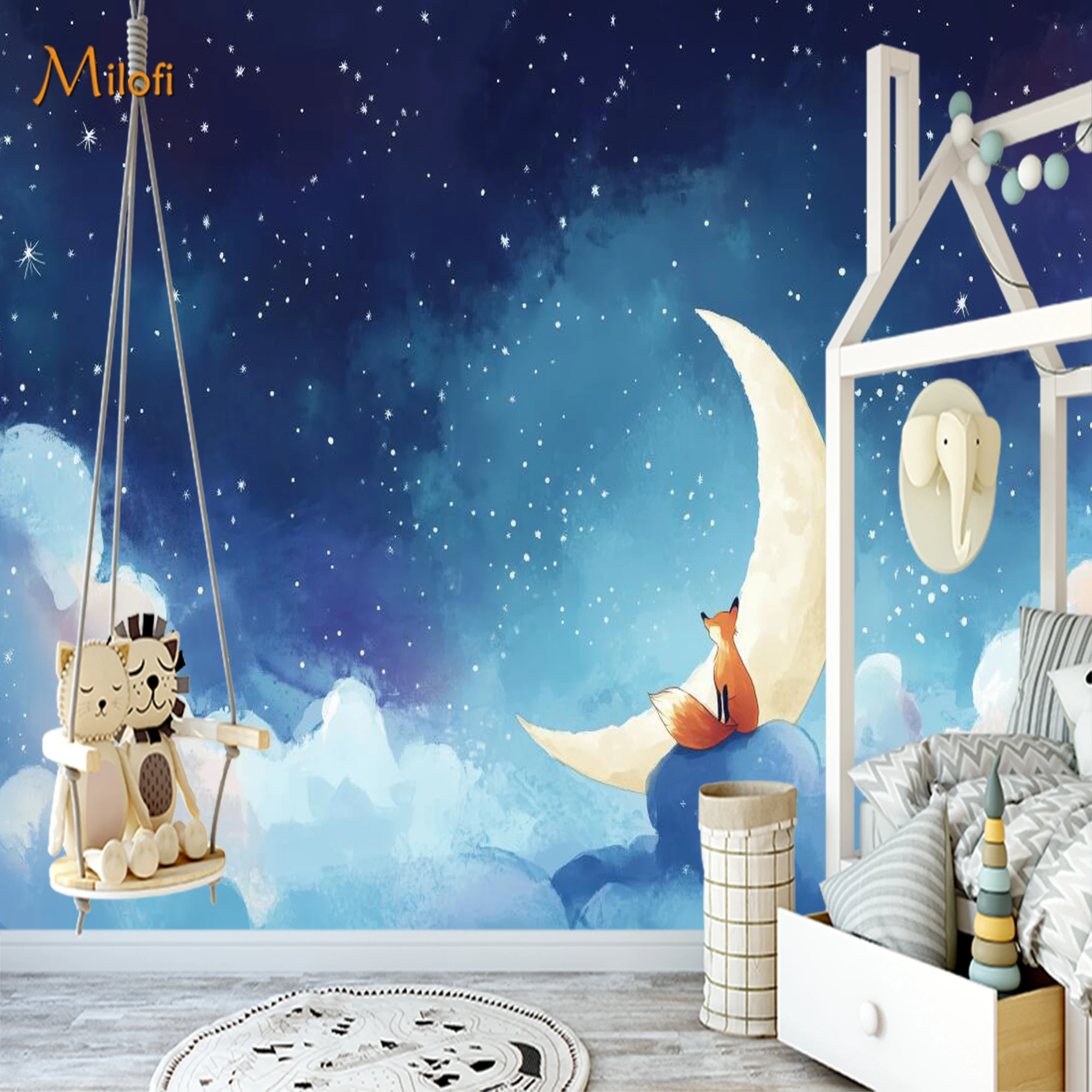Custom Mural Wallpaper Watercolor Fox on Crescent Moon Wall Mural, Starry Sky Cloud Wall Decor for Kids Nursery Bedroom
