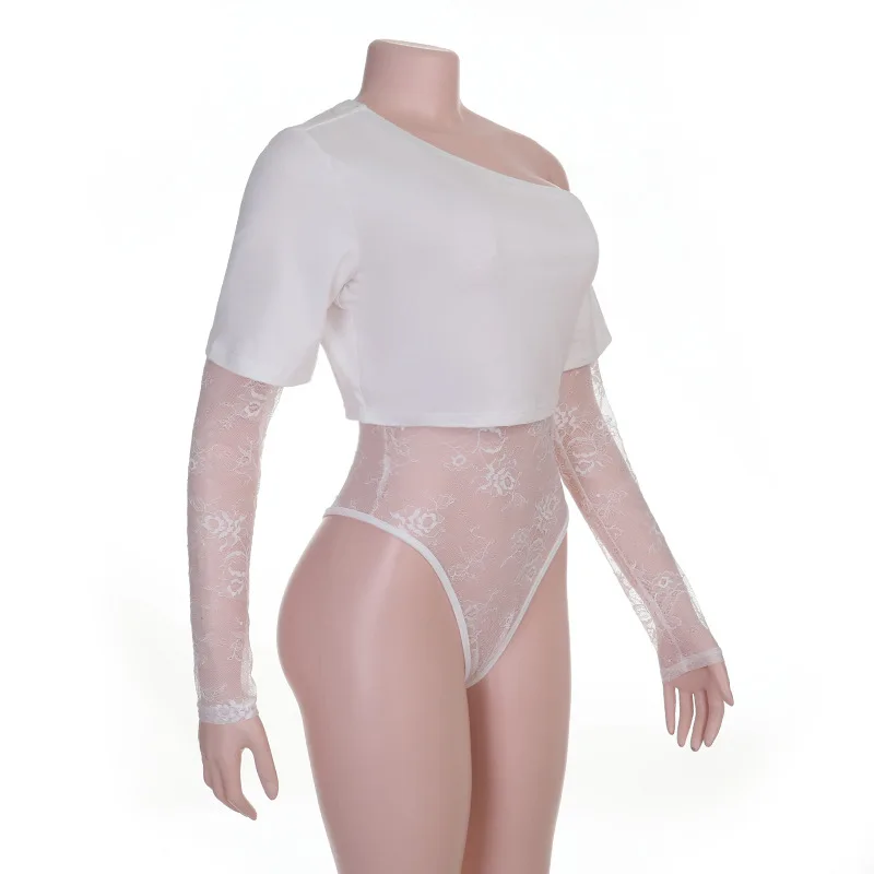 Spring Autumn Winter New Fashion Cut Cross Hollow Lace Jumpsuit Long Sleeved Diagonal Black Charming Bodysuit Clubwear
