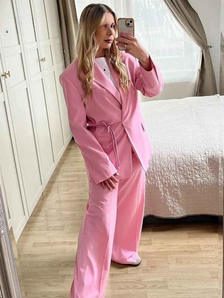 

Однотонные женские брючные костюмы на шнуровке с отложным воротником и карманами, свободные пальто, широкие брюки с высокой талией, весна 2024, новые шикарные женские комплекты