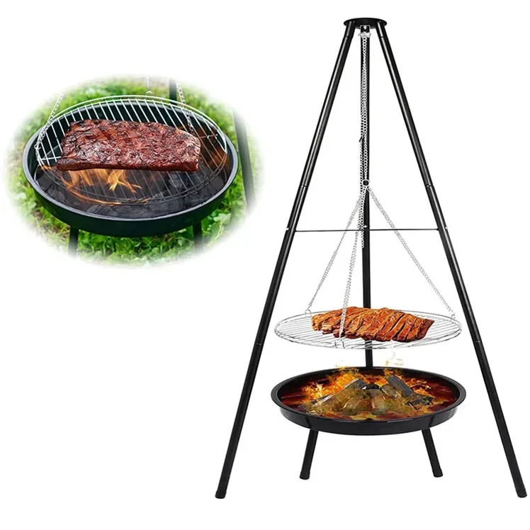 

Portable Adjustable Tripod Hanging BBQ Grill Steel Cast Iron Outdoor Kitchen Piece Camping Picnic Plastic Utensils Bbq