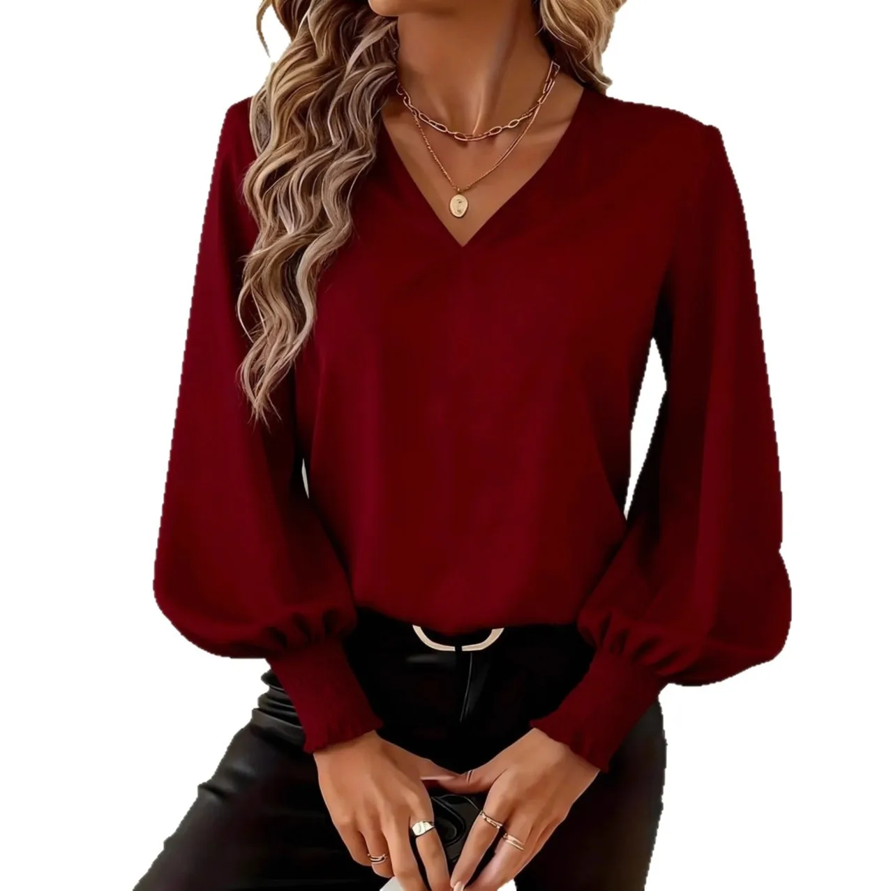 Camicia da donna in chiffon tinta unita con scollo a V pullover svasato a maniche lunghe camicia da ufficio elegante camicette larghe kaki da donna