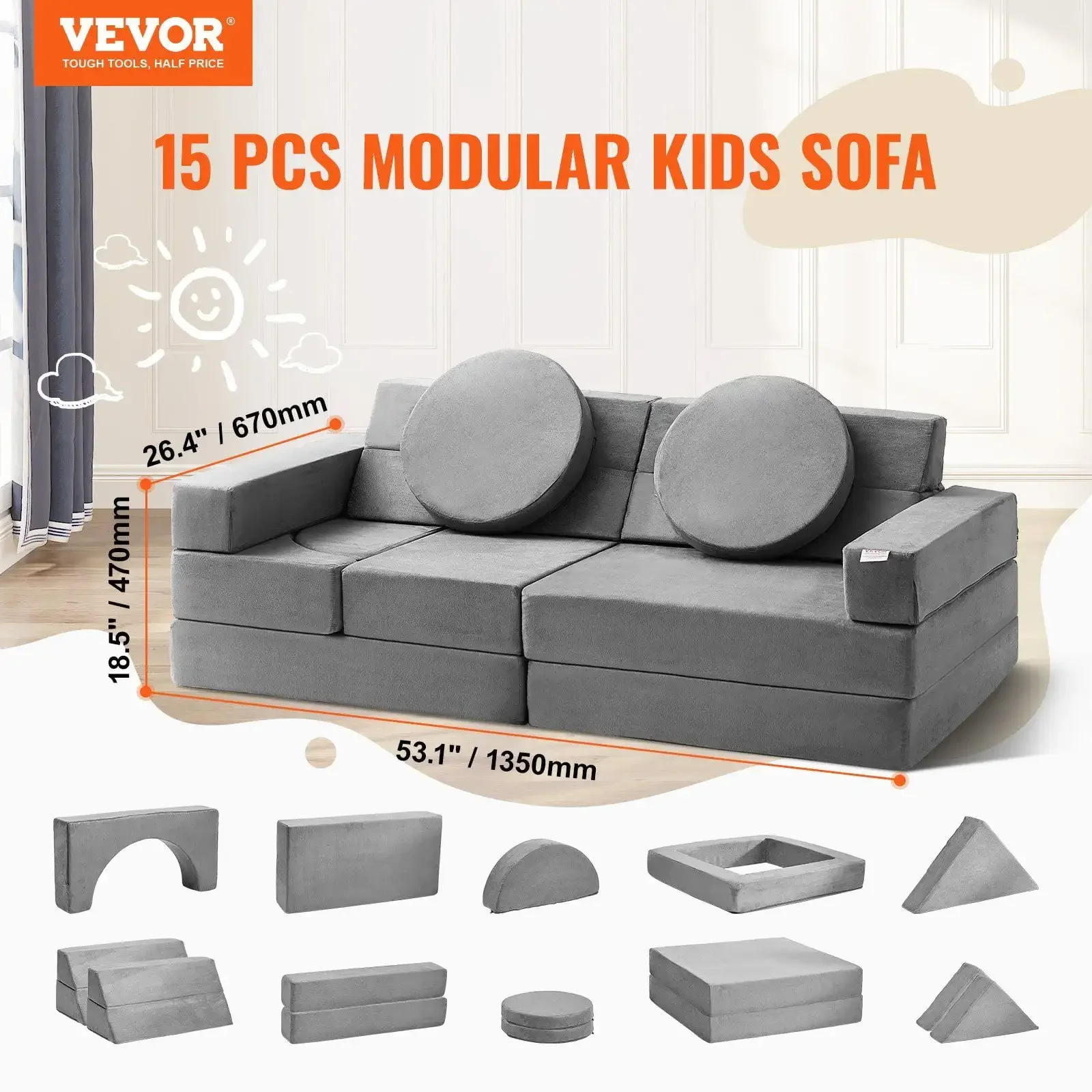 Play Couch, Modular Kids Nugget Couch 15pcs, Toddler Foam Sofa Couch with High-density 25D Sponge for Playing, Creating