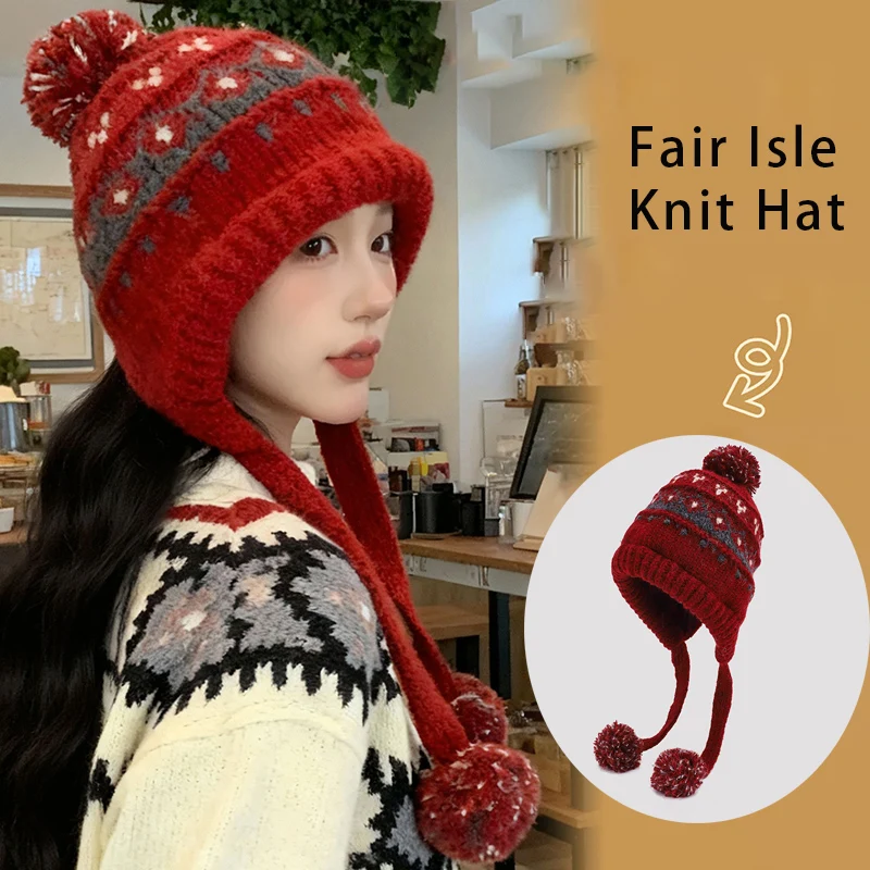 

Новая стильная зимняя шапка оверсайз для женщин, рождественская вязаная шапка-авиатор с узором Fair Isle, с помпоном и защитой для ушей