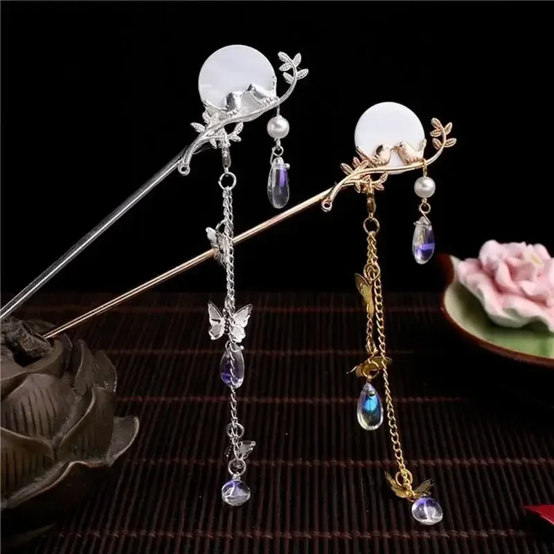 Hanfu Hair Fork Jewelry Ornaments Chinese Traditional  Classic Pearl Tassel Butterfly Stick Plate Hairpin White Accessories Gift