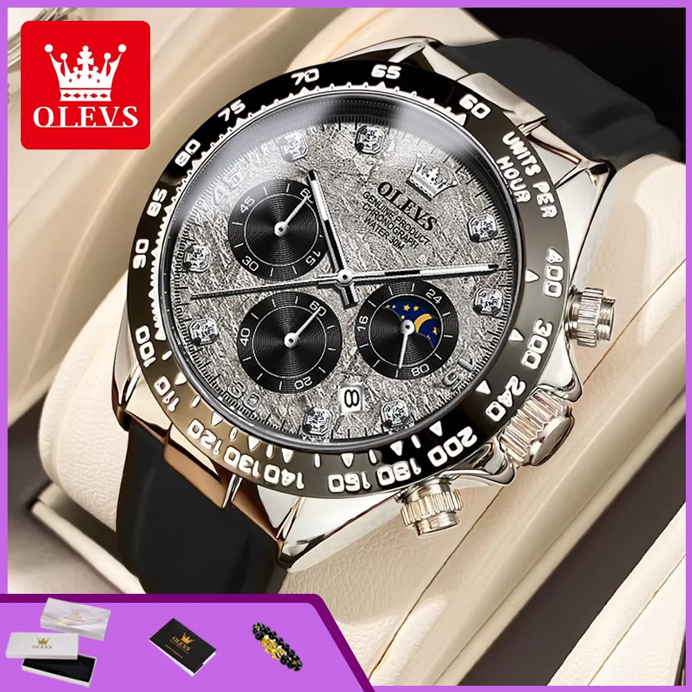 Montre à quartz OLEVS 2875 pour homme, marque de luxe originale, bracelet en silicone, chronographe, date automatique, étanche, phase de lune, montre de sport pour homme
