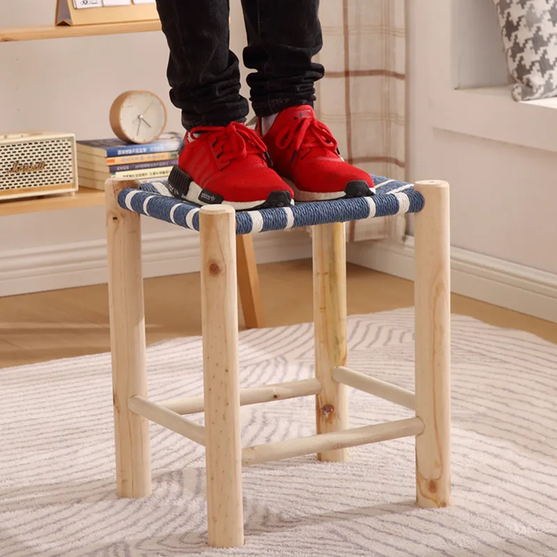 Modern Handmade Rope Woven Solid Wood Stool Living Room Side Tea Table Mortise-Tenon Dining Chair