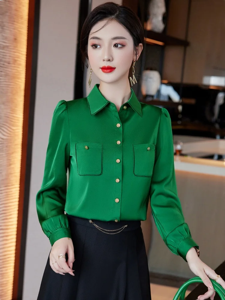 

Зеленая женская блузка с длинным рукавом: модный дизайн, эксклюзивный стиль для утонченных дам, корейский стиль для офиса и повседневной носки