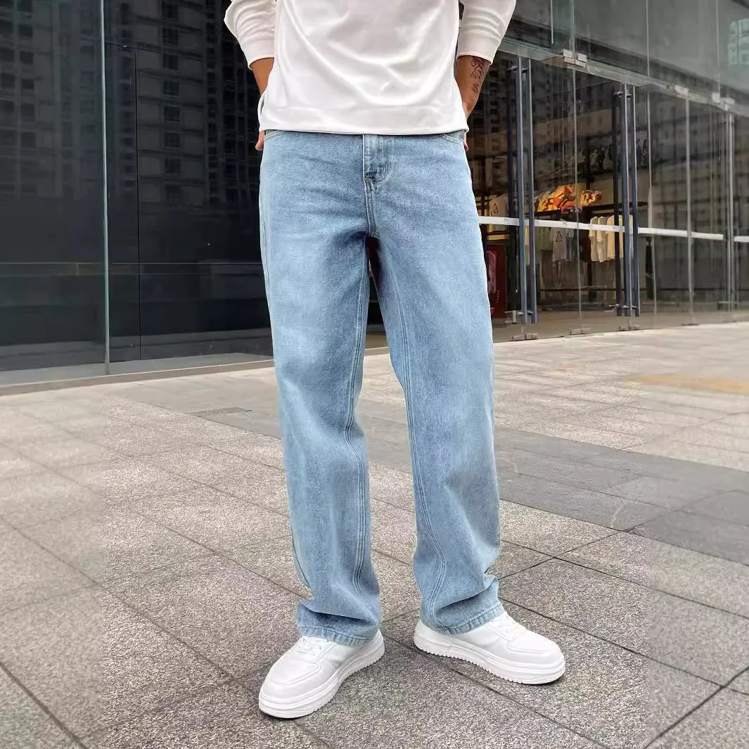 팝 포시즌스 신상 남성 캐주얼 트렌디 워싱 라이트 블루 솔리드 컬러 루즈핏 청바지 스트레이트 데님 팬츠 남성용