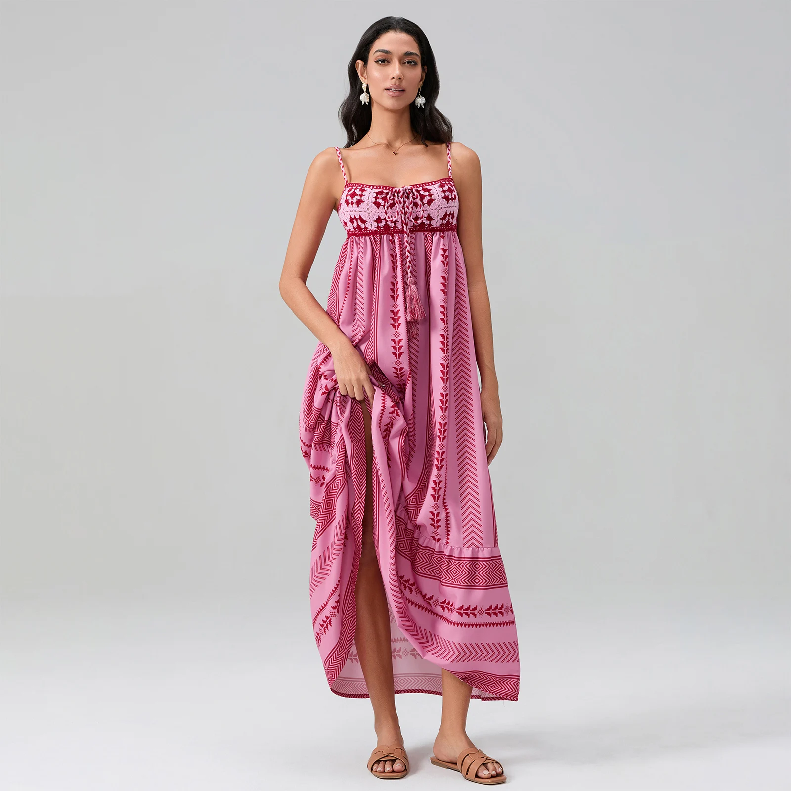 Robe trapèze à imprimé géométrique pour femmes, robe fleurie bohème, pompons au crochet, robe de soirée décontractée pour les vacances, été