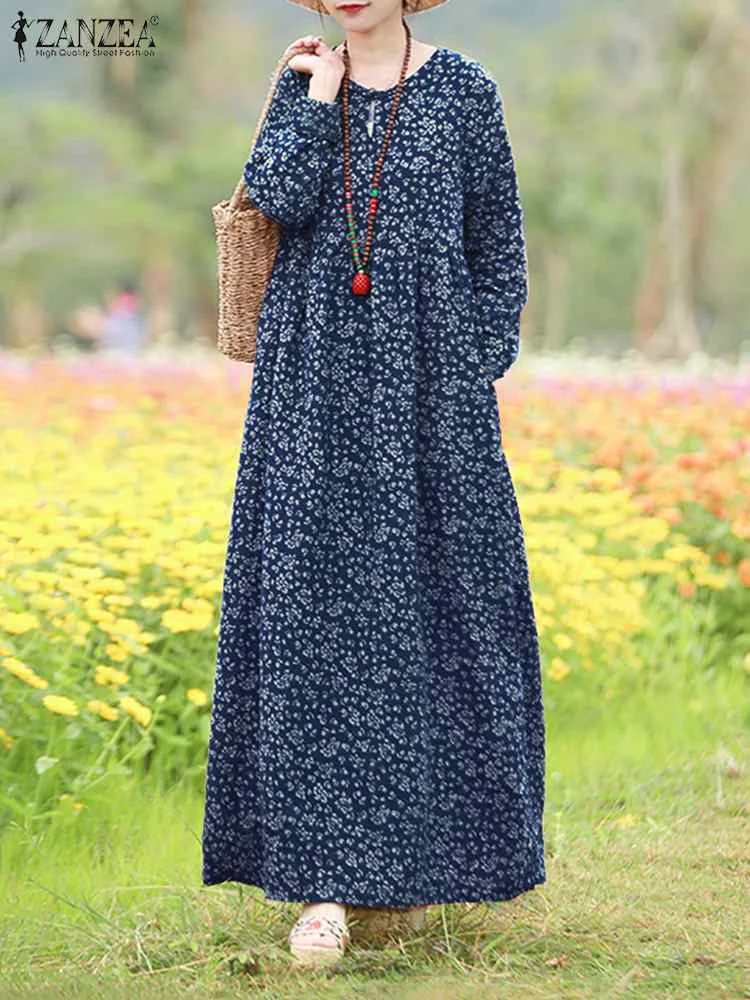 ZANZEABohemian Holiday Sundress Floral Printed Maxi Long Dress Women Summer O Neck Long Sleeve Dresses Vintage Robe Vestidos