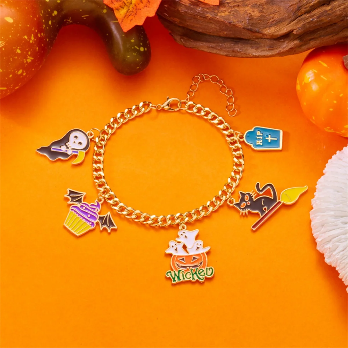 Halloween Armband Kürbis Geist Bösen blick Spinnennetz Schädel Fledermaus Spinne Schloss Schwarze Katze Sarg Anhänger Armreif Für Frauen Männer Schmuck