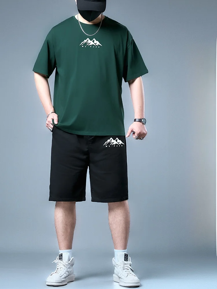 

Summer Casual ort Sve Set Men's Large Size Trendy Loose Sports Five-Point Pants plus Size Thin Sports T-irt