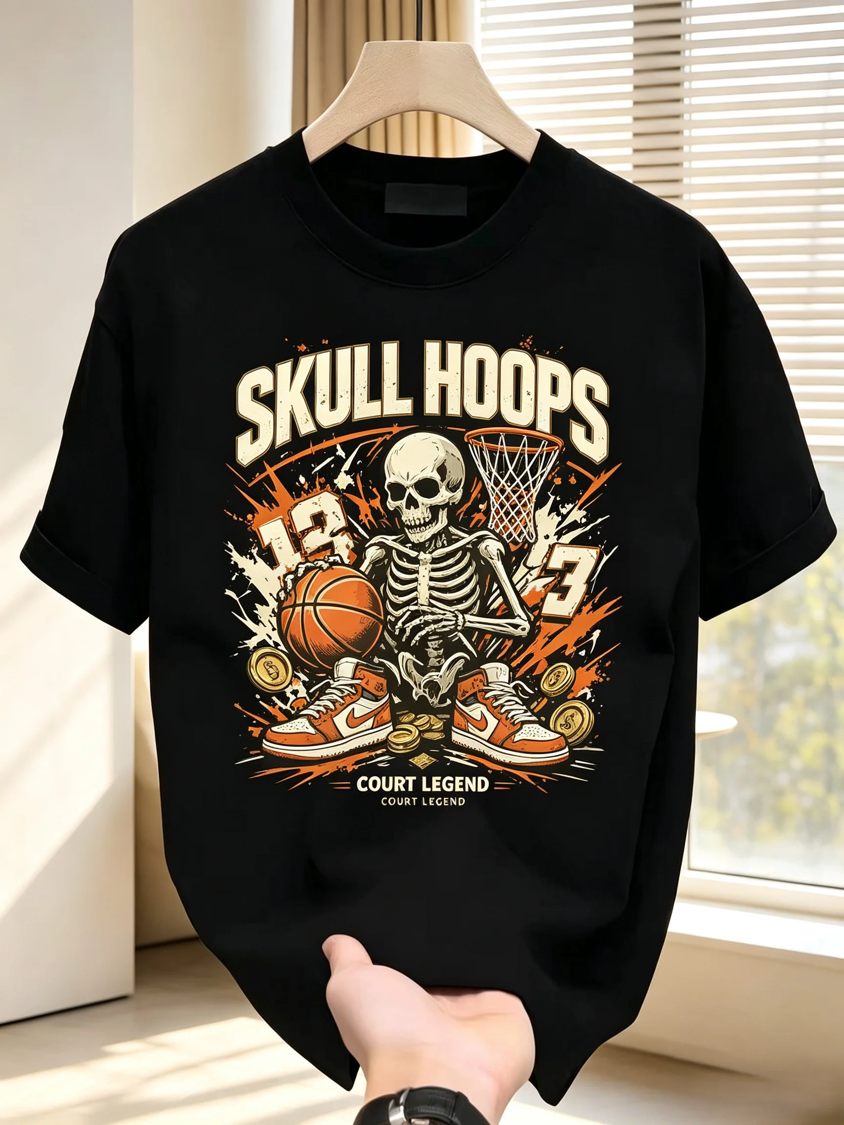 Unisex SKULL HOOPS Skeleton Basketball Sneakers Graphic T Shirt Men Women Retro Sports Court Legend Urban Short Sleeve Black Tee