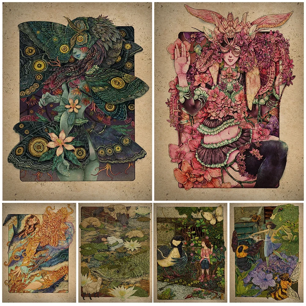 

Princess Moth And Dandelion Elf Wall Art Canvas Painting Decor Abstract Lovely Mysterious Retro Art Poster And Prints Decoration