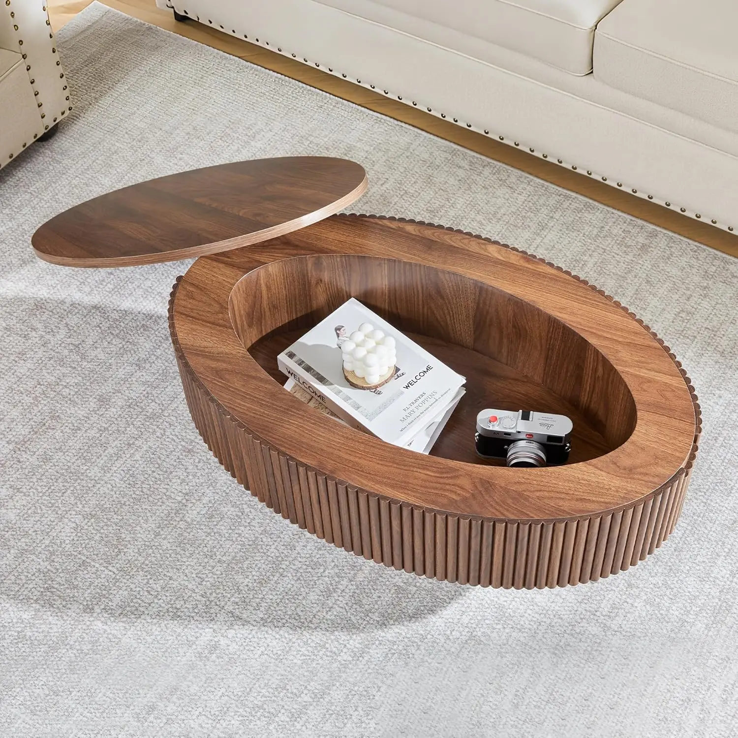 Oval Coffee Table with Hidden Storage, 31.5 Inch Wide Modern Coffee Table, Center Table with Fluted Veneered, Accent Tea Table f