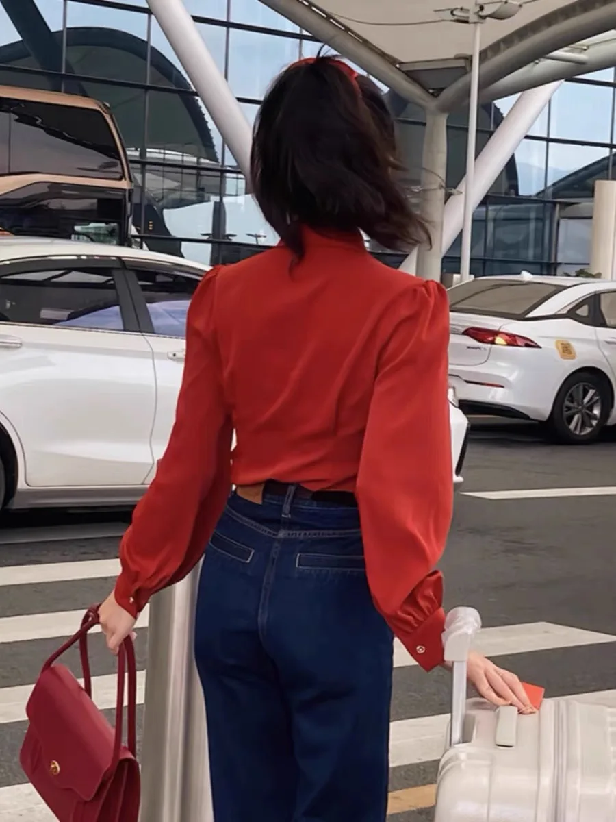 Shirts Women Vintage Red Ladies New Crop Lantern Sleeve Classic Casual Solid Simple All-match Fashion Autumn New Female Blouses