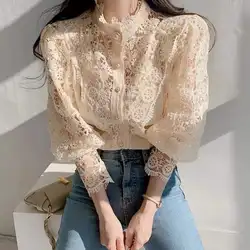 Elegant Petal Sleeve Stand Collar Hollow Out Flower Lace Patchwork Women Shirt Femme Lace Blouse Button Tops 12419